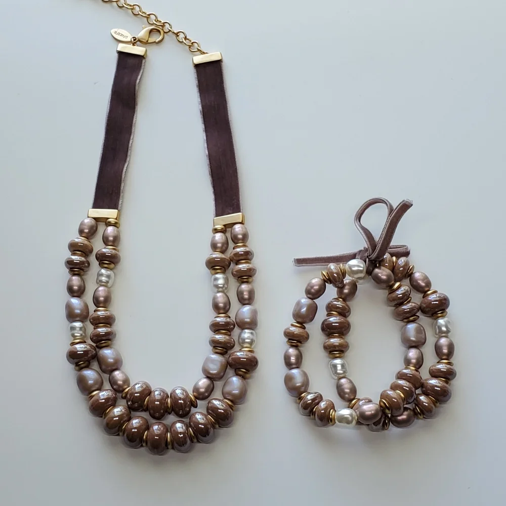 Chico's Taupe Cappuccino Two-Strand Faux Pearl Necklace and Stretch Bracelet Set - Picture 2 of 15